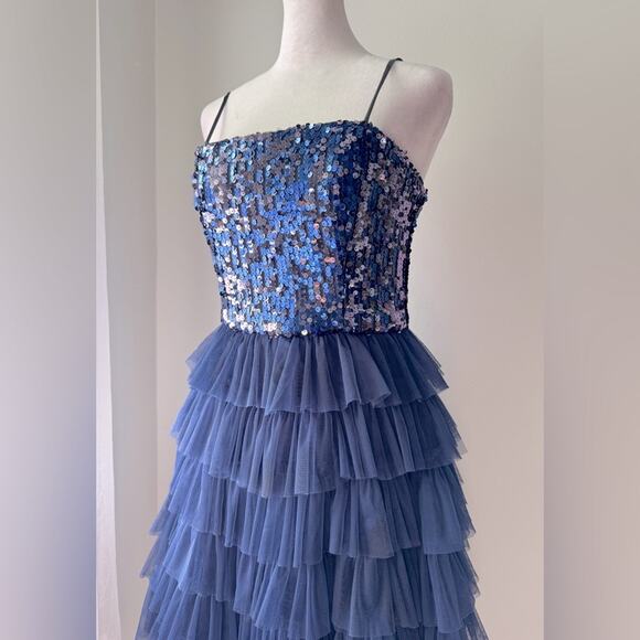 Vintage Y2K dELiA*s Dark Blue Sequined Spaghetti Strap Tiered Mini Dress - Picture 4 of 8